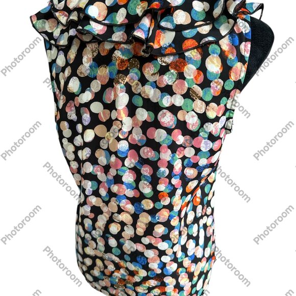 🧡3/$15 EUC CABI Multicolor Polka Dot Ruffle Blouse. Chest 18". L 25" - Picture 4 of 4